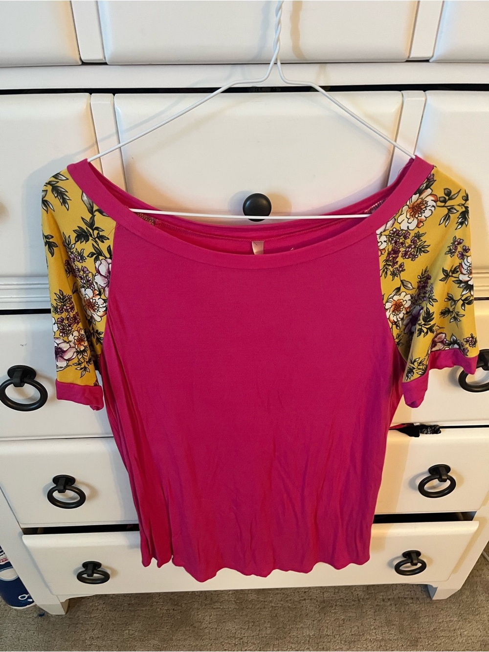 Women’s Fuchsia Short Sleeve Raglan Tee with Mustard Floral Sleeves